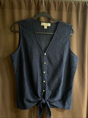Michael Kors Navy Lace Tie Hem Sleeveless Blouse